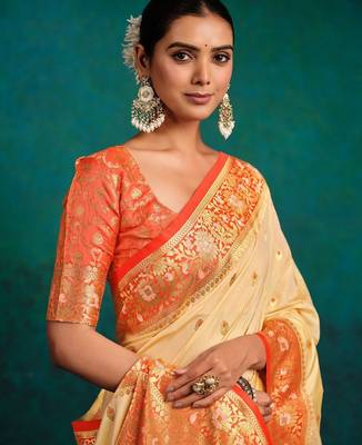 cream ethnic motifs woven design zari banarasi saree 5