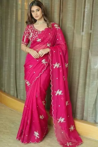 pink ethnic motifs embroidered satin saree