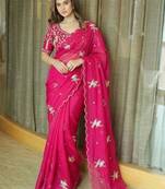 pink ethnic motifs embroidered satin saree