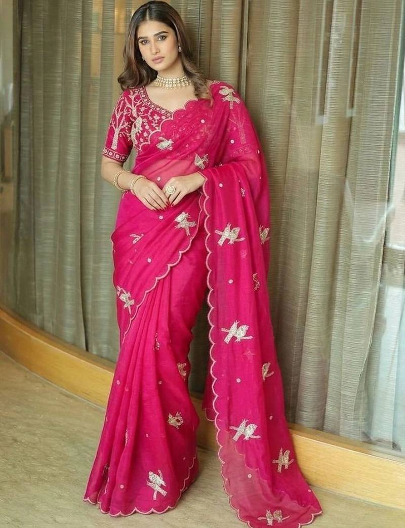 pink ethnic motifs embroidered satin saree