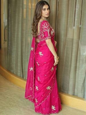pink ethnic motifs embroidered satin saree 2