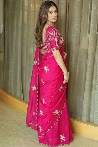 pink ethnic motifs embroidered satin saree