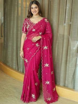 pink ethnic motifs embroidered satin saree 3