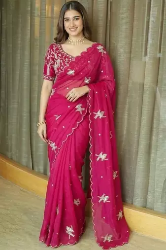 pink ethnic motifs embroidered satin saree