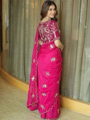 pink ethnic motifs embroidered satin saree 4