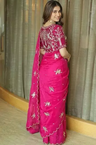 pink ethnic motifs embroidered satin saree