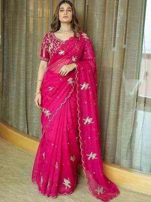 pink ethnic motifs embroidered satin saree 5