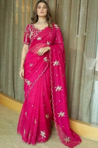pink ethnic motifs embroidered satin saree