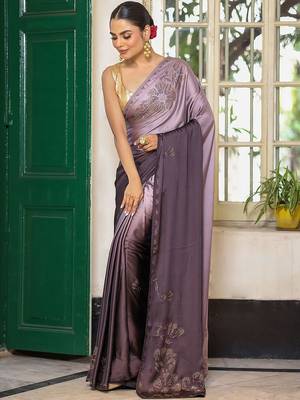 purple ethnic motifs embellished beads and stones satin saree 3