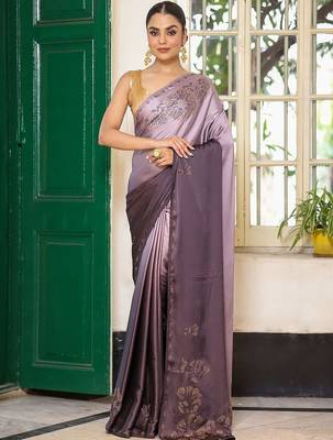 purple ethnic motifs embellished beads and stones satin saree 5
