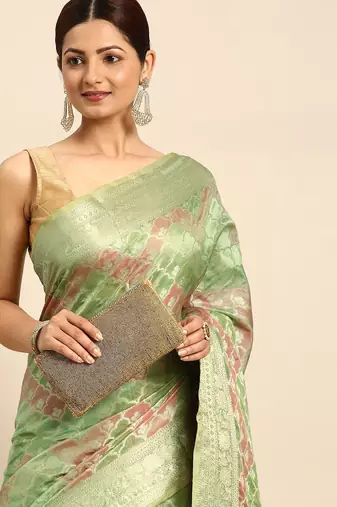 green ethnic motifs zari organza saree