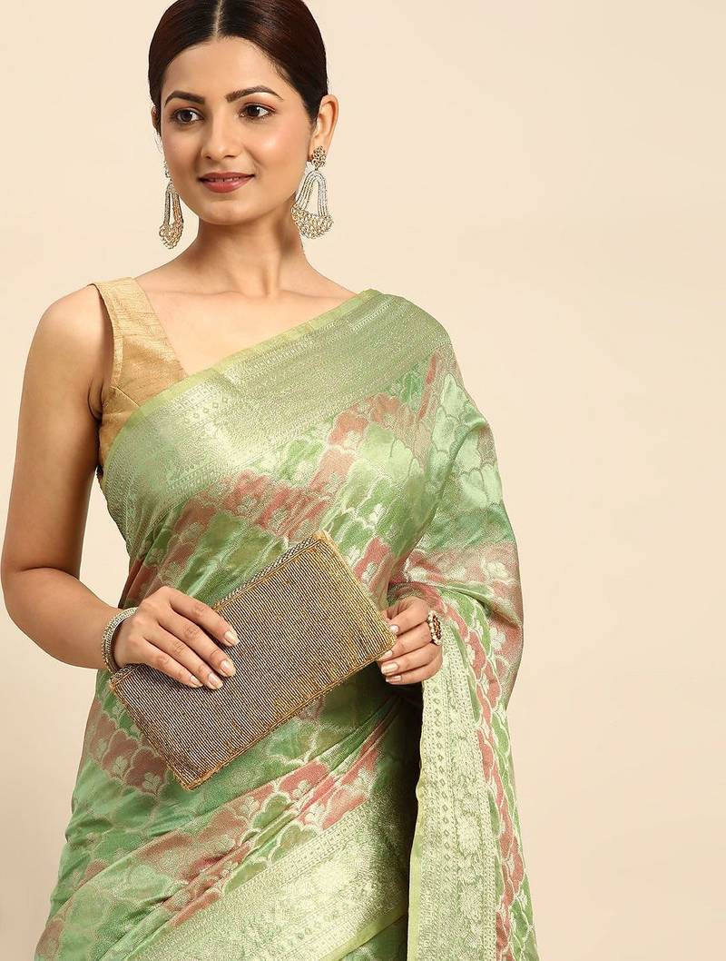 green ethnic motifs zari organza saree