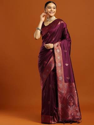 burgundy ethnic motifs woven design zari banarasi silk saree with blouse 1