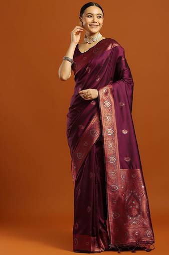 burgundy ethnic motifs woven design zari banarasi silk saree with blouse