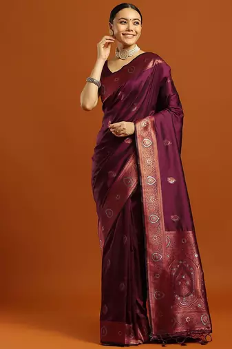 burgundy ethnic motifs woven design zari banarasi silk saree with blouse