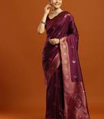burgundy ethnic motifs woven design zari banarasi silk saree with blouse