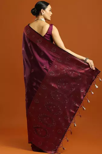 burgundy ethnic motifs woven design zari banarasi silk saree with blouse