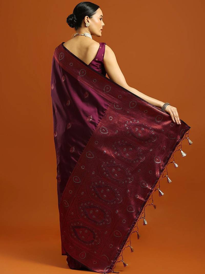 burgundy ethnic motifs woven design zari banarasi silk saree with blouse