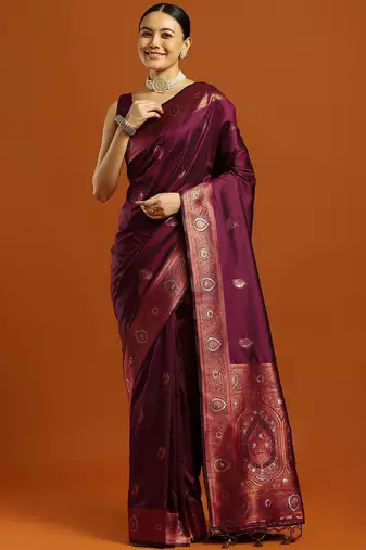 burgundy ethnic motifs woven design zari banarasi silk saree with blouse