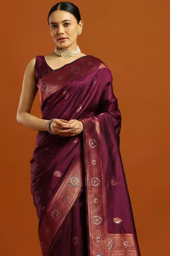burgundy ethnic motifs woven design zari banarasi silk saree with blouse