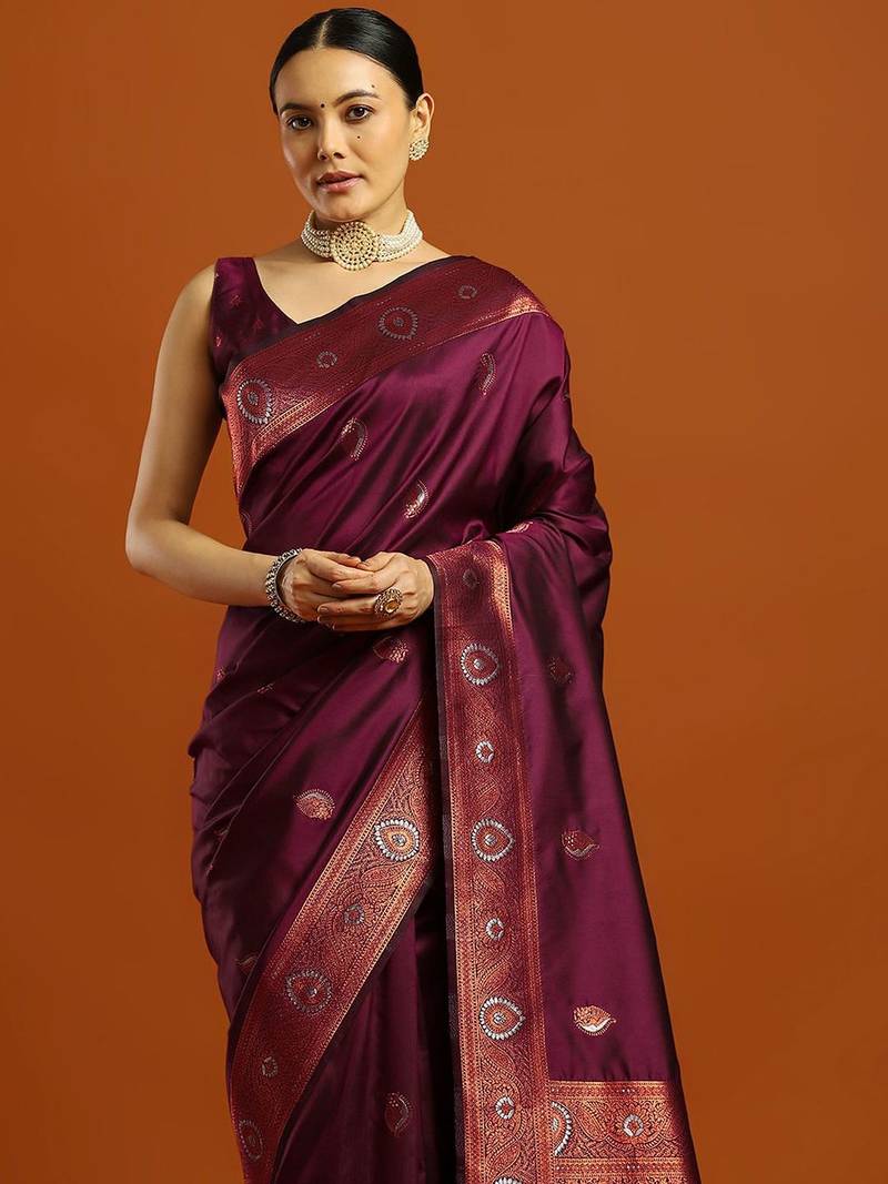 burgundy ethnic motifs woven design zari banarasi silk saree with blouse