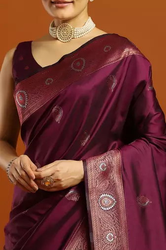 burgundy ethnic motifs woven design zari banarasi silk saree with blouse