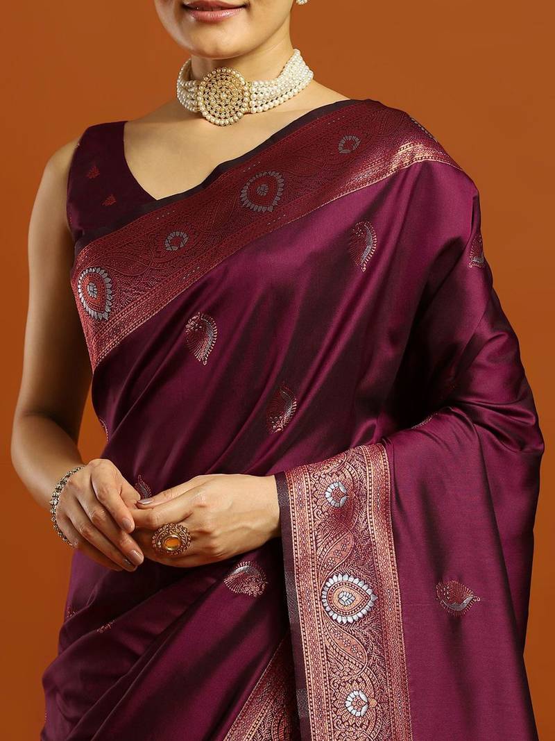 burgundy ethnic motifs woven design zari banarasi silk saree with blouse