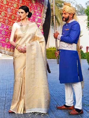 cream cream-coloured woven design silk blend banarasi saree 1