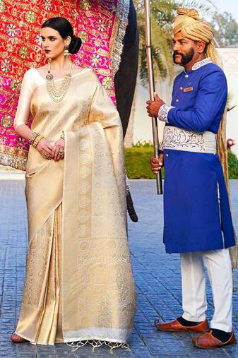 cream cream-coloured woven design silk blend banarasi saree
