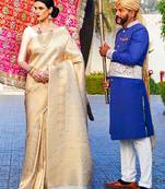 cream cream-coloured woven design silk blend banarasi saree