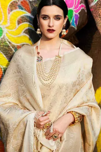 cream cream-coloured woven design silk blend banarasi saree