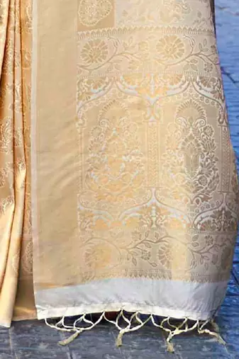 cream cream-coloured woven design silk blend banarasi saree