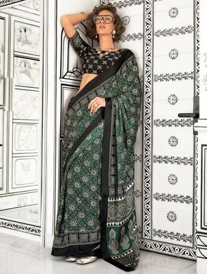 green modal ajrak block poly crepe block print sareewith blouse piece 1