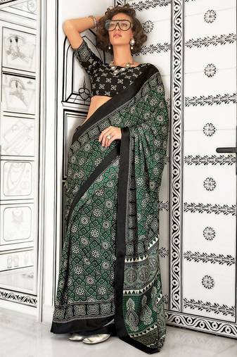 green modal ajrak block poly crepe block print sareewith blouse piece