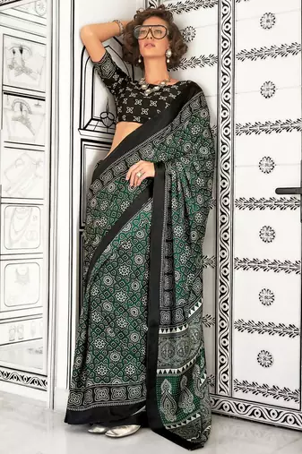 green modal ajrak block poly crepe block print sareewith blouse piece