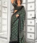 green modal ajrak block poly crepe block print sareewith blouse piece