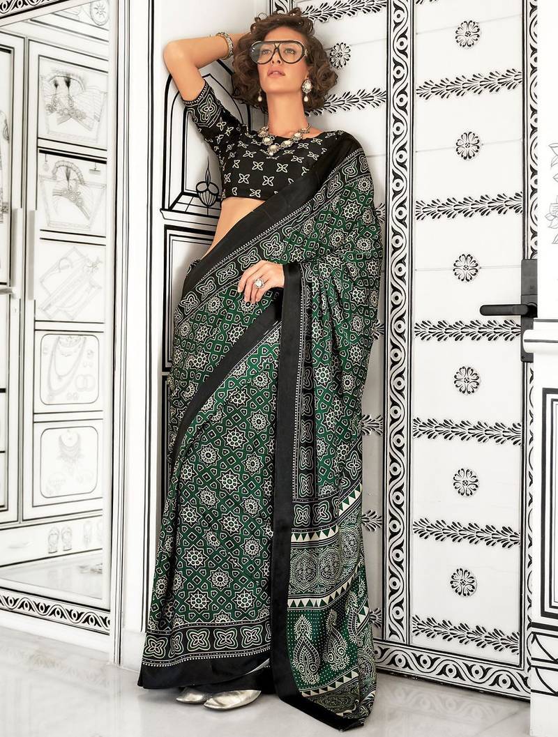 green modal ajrak block poly crepe block print sareewith blouse piece