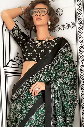 green modal ajrak block poly crepe block print sareewith blouse piece