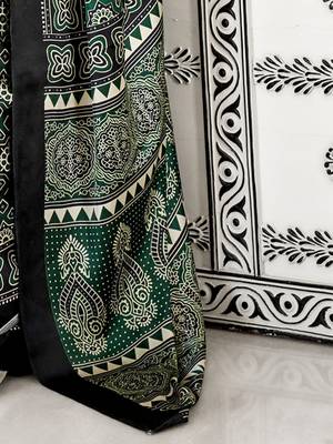 green modal ajrak block poly crepe block print sareewith blouse piece 5