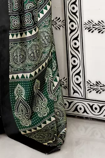 green modal ajrak block poly crepe block print sareewith blouse piece