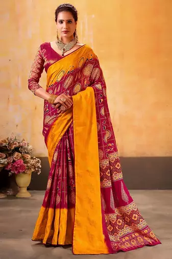 yellow woven design printed warli zari patola saree