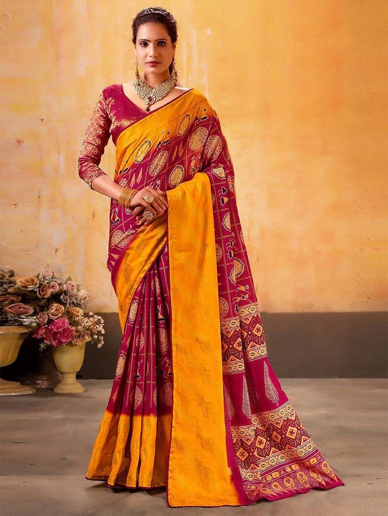 yellow woven design printed warli zari patola saree