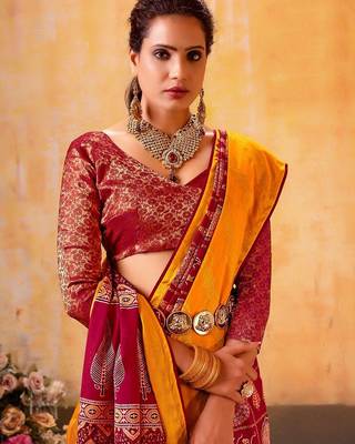 yellow woven design printed warli zari patola saree 2