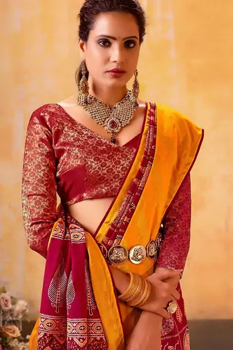yellow woven design printed warli zari patola saree