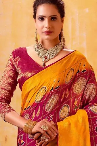 yellow woven design printed warli zari patola saree