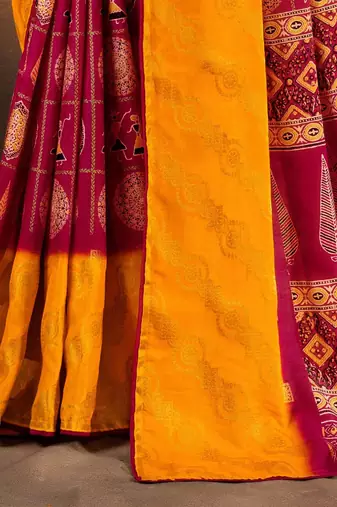 yellow woven design printed warli zari patola saree