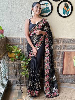 black embellished embroidered poly georgette saree 2