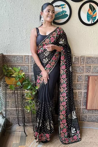 black embellished embroidered poly georgette saree