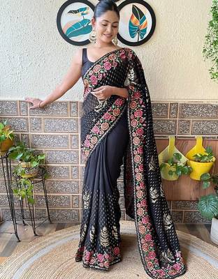 black embellished embroidered poly georgette saree 3