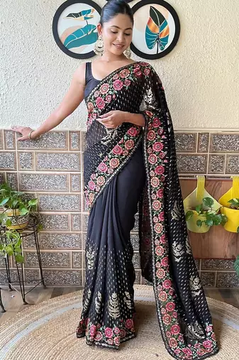 black embellished embroidered poly georgette saree
